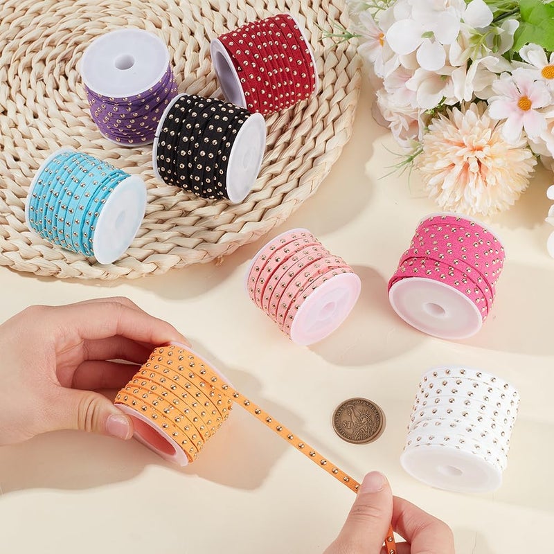 CALFOVERA 43.74 Inch x 5mm Wide Studded Flat Leather Lace Faux Suede Cords Beading String 8 Colors Rope Strips Trim Ribbon with Silver Punk Rivets for Jewelry Making Necklaces Bracelets DIY Crafts - Image 3